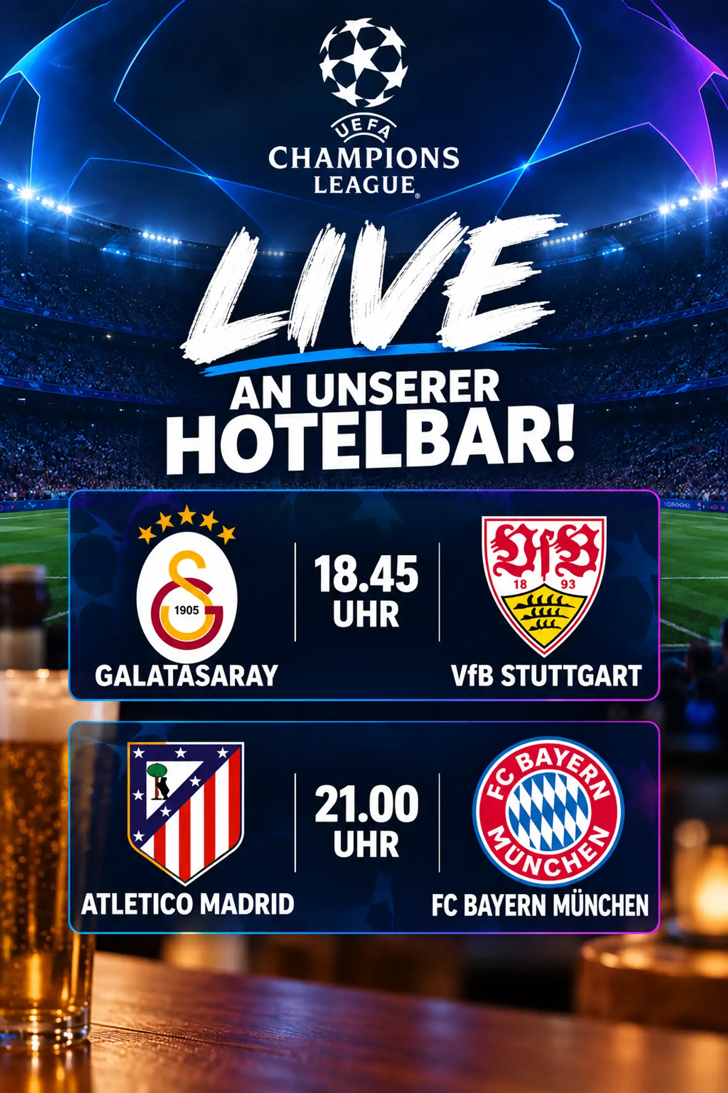 Live Champions League broadcast at the hotel bar