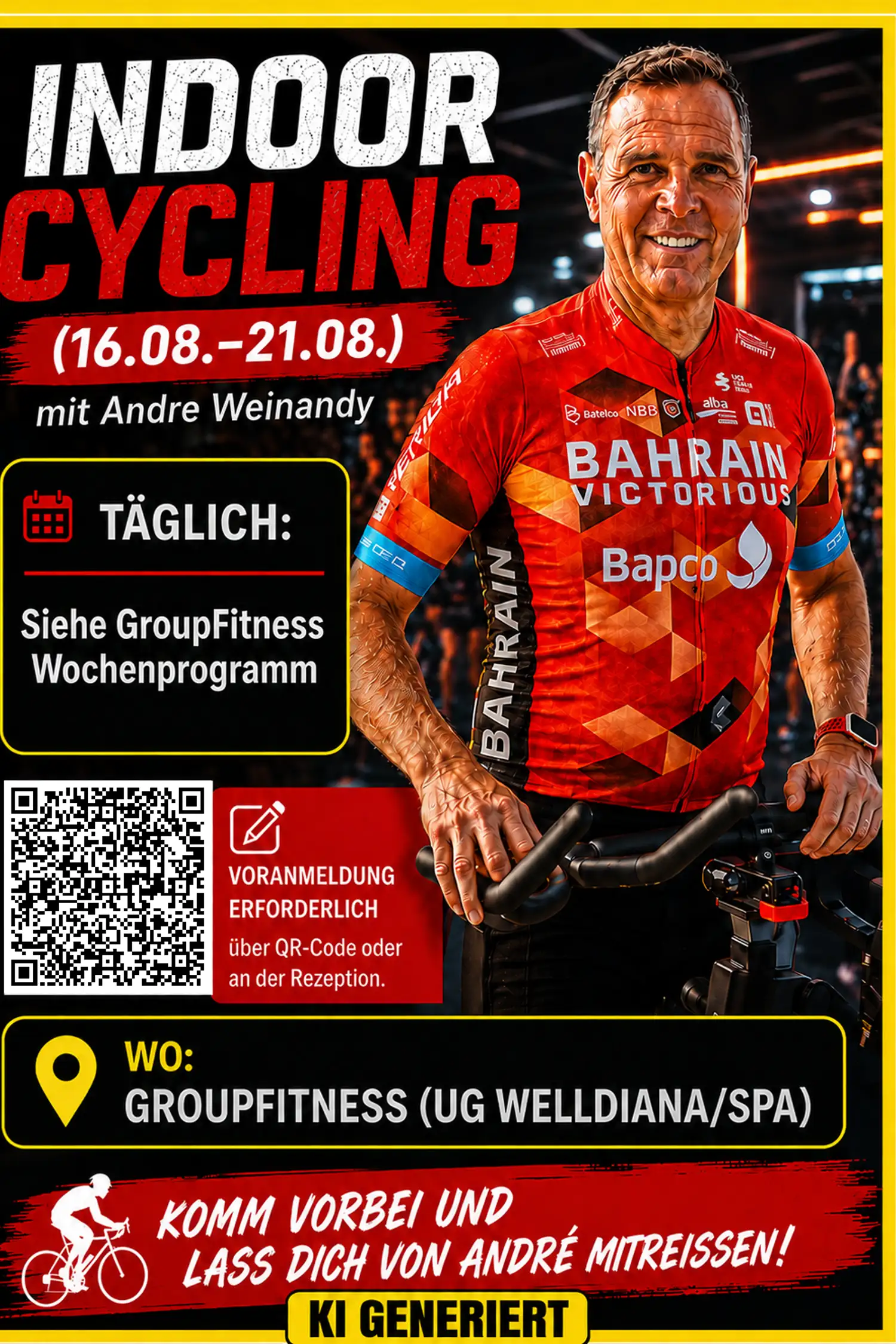 Indoor Cycling (16.08.-21.08.)  mit Andre Weinandy (Voranmeldung erforderlich über QR-Code oder an der Rezeption)